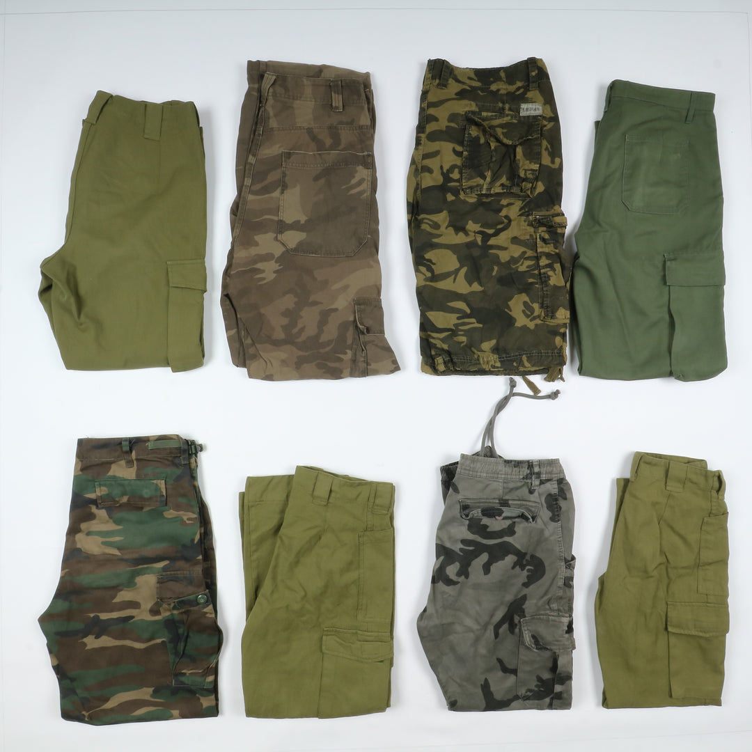 Pantaloni e pantaloncini cargo box da 29pz militari e civili mimetici, verde e camouflage