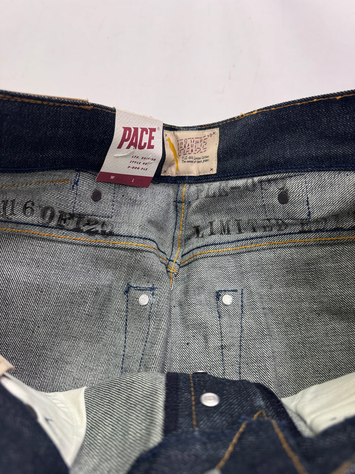 Pace Limited Edition W32 L36 cimosa, martingala e rivetti jeans nuovo Deadstock red line selvedge