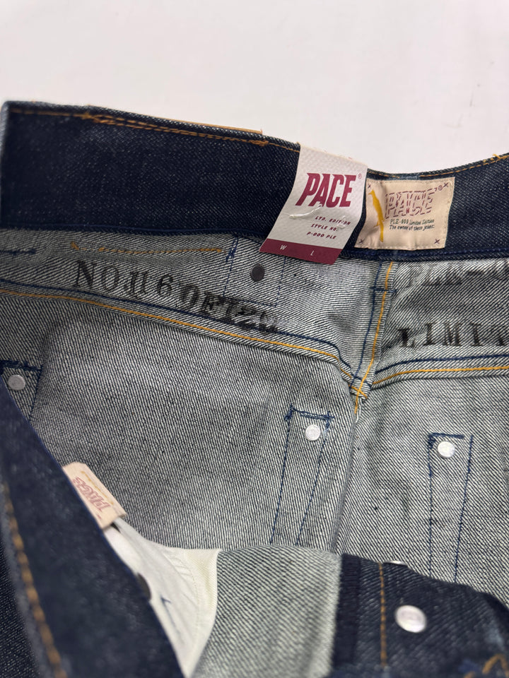Pace Limited Edition W32 L36 cimosa, martingala e rivetti jeans nuovo Deadstock red line selvedge