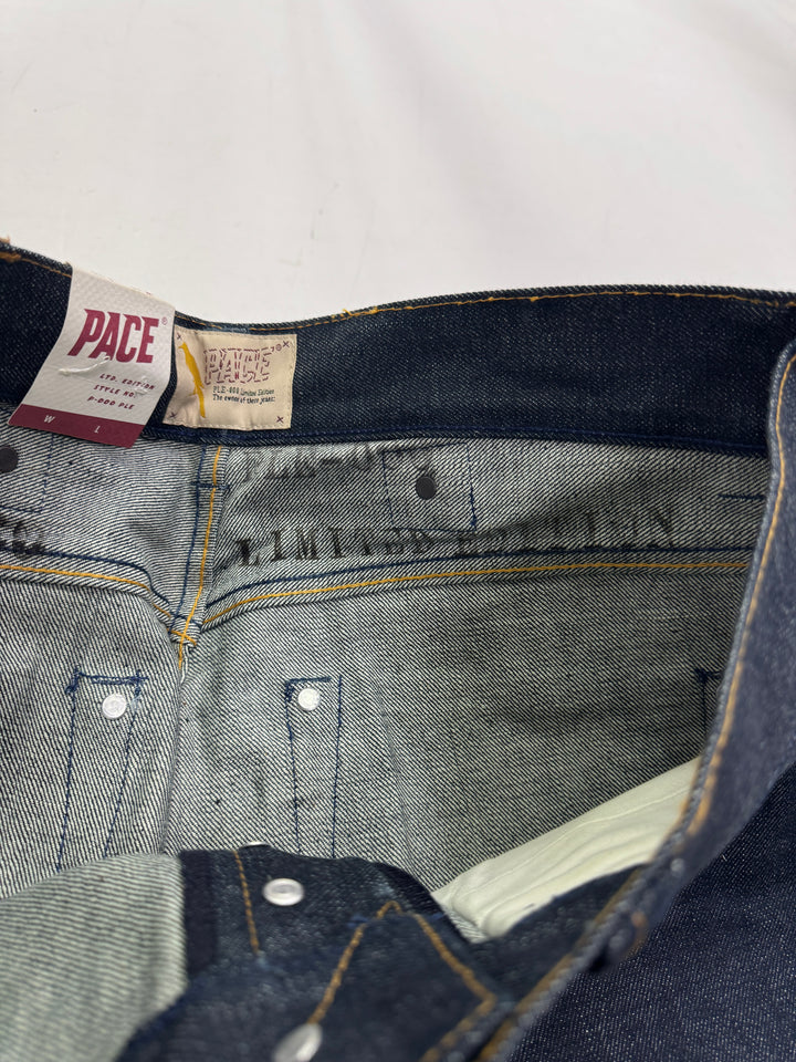 Pace Limited Edition W32 L36 cimosa, martingala e rivetti jeans nuovo Deadstock red line selvedge