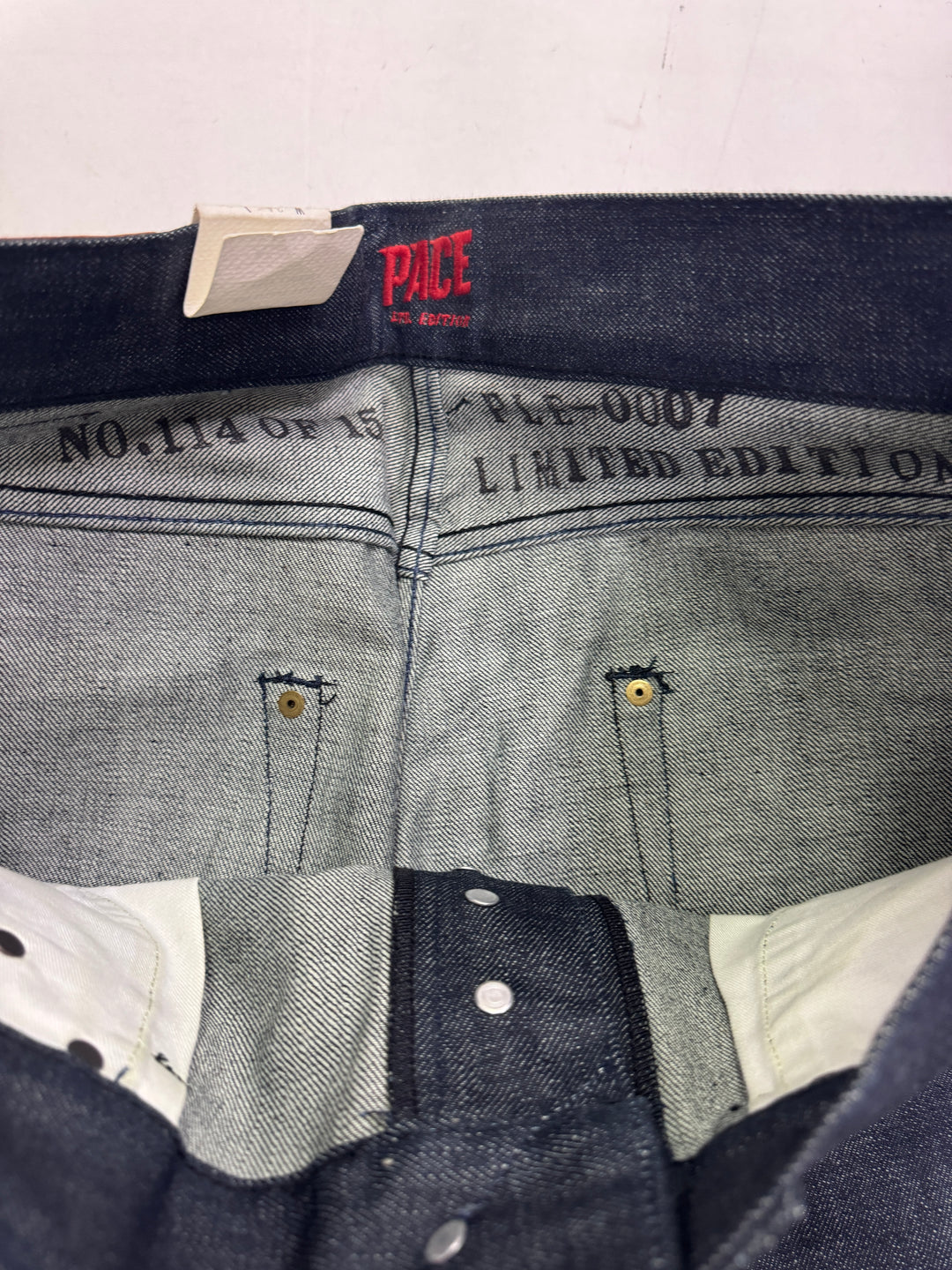 Pace limited Edition W34 L34 cimosa jeans nuovo Deadstock red line selvedge rivets
