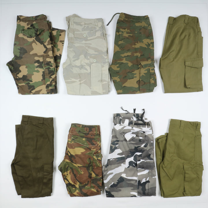 Pantaloni e pantaloncini cargo box da 30pz militari e civili mimetici, verde e camouflage